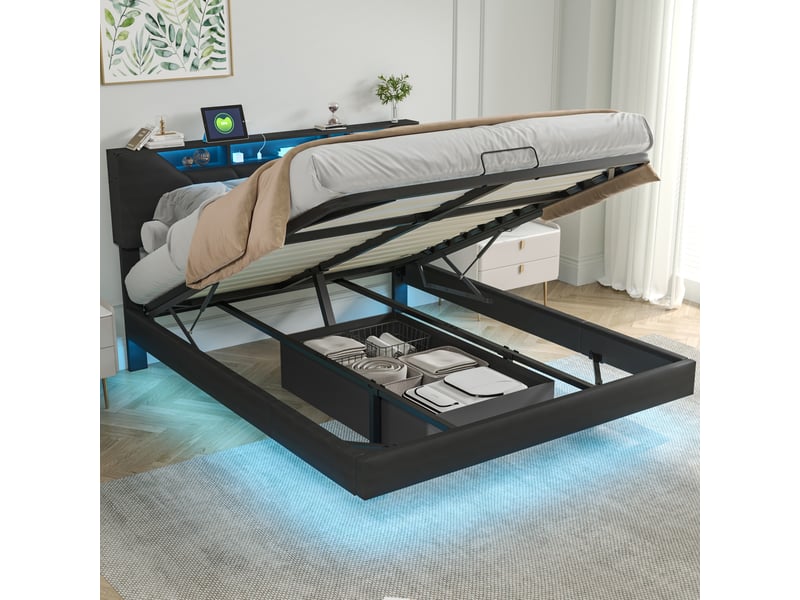 Lit 140x190 cm avec led et port usb,lit flottant ,lit double,lit suspendu,tête de lit avec rangement,pu,noir - Conforama D