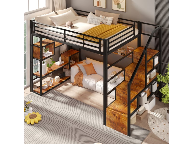  Lit mezzanine, 140 × 200 cm, noir, métal, led, étagères, barrières, marches, échelle, espace ouvert dessous, sans matelas  - Conforama E