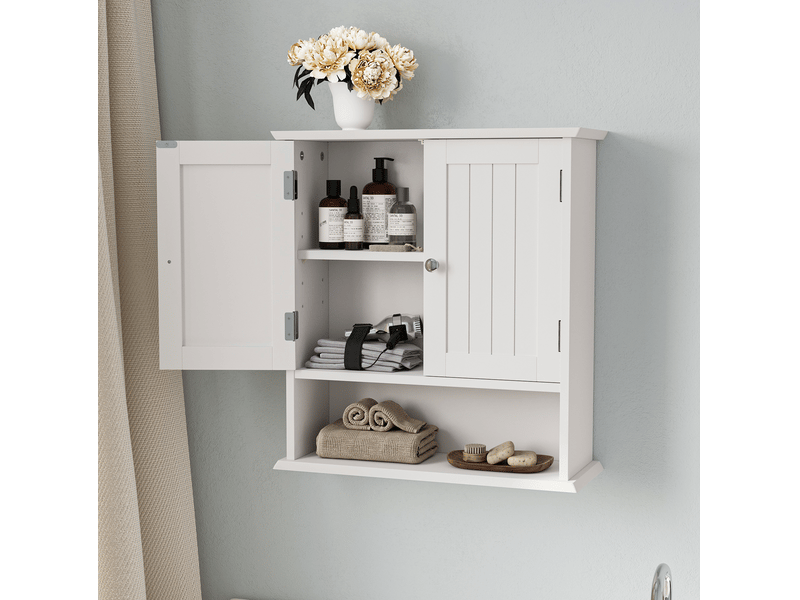  Armoire murale de salle de bains blanche avec 2 portes, étagères réglables et niche ouverte  - Conforama E