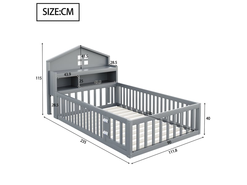Lit enfant 90 x 200 cm en bois gris avec rangements, barrière, porte et sommier à lattes - Conforama C