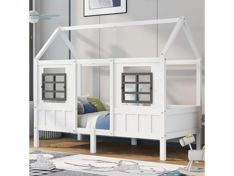  Lit cabane enfant avec fenêtres de sécurité, lit simple en pin et mdf, 90 x 200 cm, blanc  - Conforama C