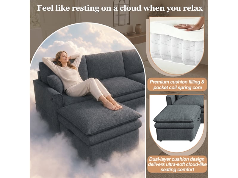 Canapé d'angle modulable 6 places, tissu coton et lin gris, avec 2 poufs de rangement & ports de charge usb, pour salon, 277x135x80 cm - Conforama B