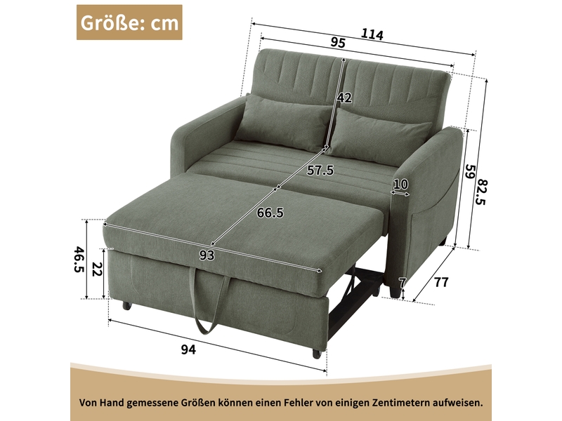  Canapé-lit pliant 2 places vert armée, assise extractible, dossier réglable 3 positions, tissu coton-lin respirant  - Conforama D