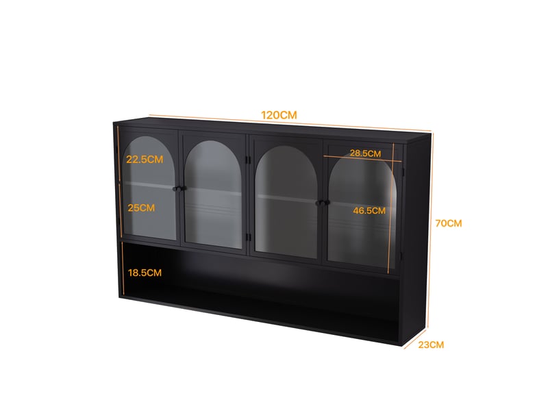  Armoire murale 120 cm, 4 portes, rangement vertical, pour cuisine, salon et salle de bain, en métal noir et verre gris  - Conforama C