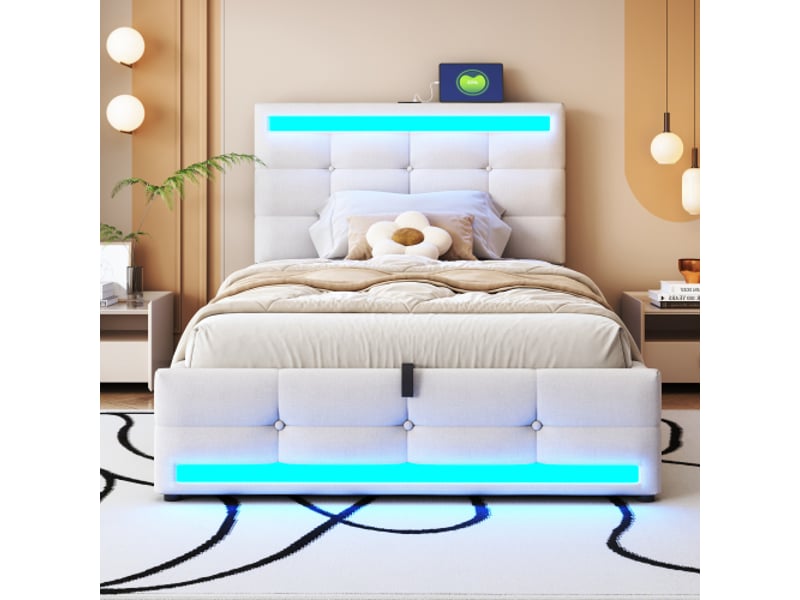  Lit coffre 90x200 cm, lit enfant avec éclairage led et prise usb, tissu en lin, beige, sans matelas  - Conforama C