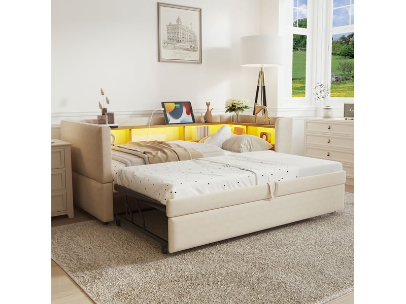 Lit gigogne enfant 90x190 cm, canapé-lit, rangement, prises, sommier, éclairage led, flanelle beige, sans matelas - Conforama B