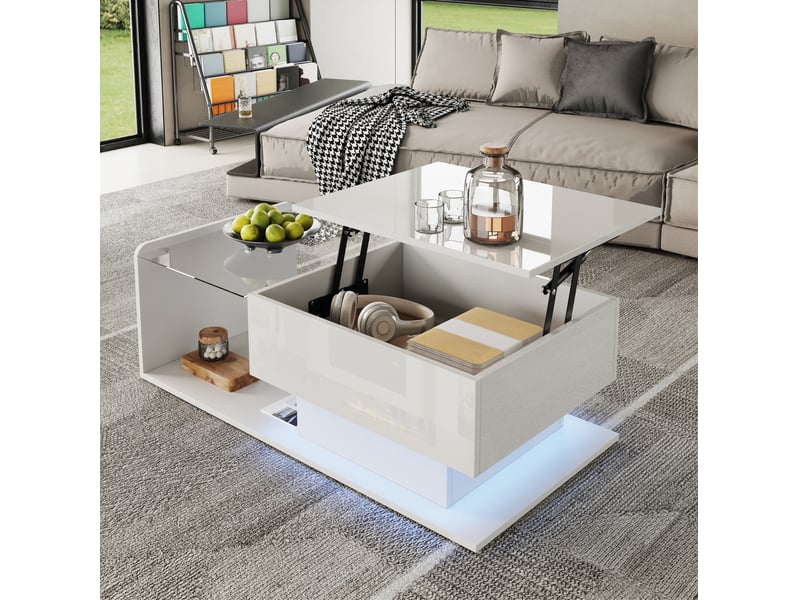  Table basse 100x50x3347.5 cm réglable en hauteur avec led, plateau en verre trempé blanc  - Conforama D