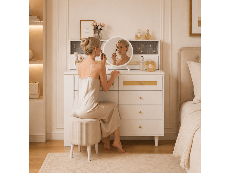  Coiffeuse blanche avec miroir, 10 tiroirs, rangement à bijoux et plateau en verre trempé, 105 × 50 × 107,5 cm  - Conforama B