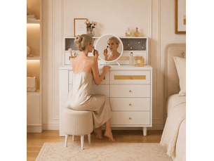 Coiffeuse blanche avec miroir, 10 tiroirs, rangement à bijoux et plateau en verre trempé, 105 × 50 × 107,5 cm