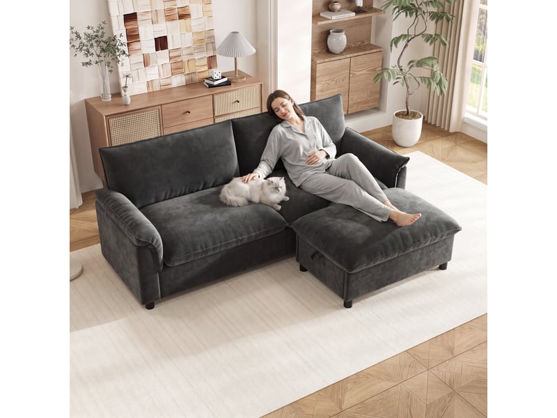  Canapé modulaire 3 places gris, tissu chenille canapé d'angle, assise profonde avec pouf coffre rangement pour salon &amp; espace détente  - Conforama B