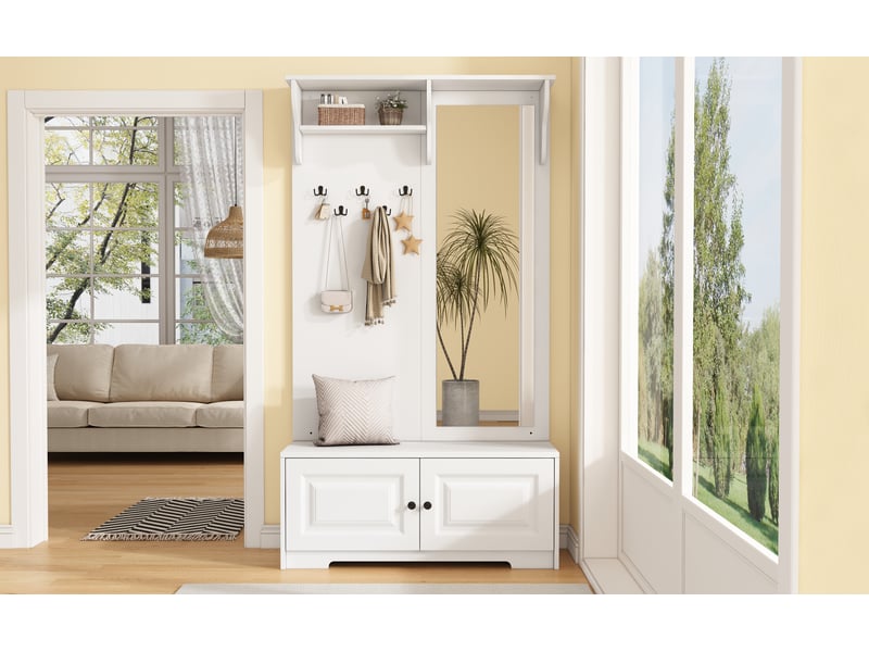  Penderie mobile - armoire (n625p338341342w) 100 x 40 x 180 cm avec miroir, 5 patères, 2 placards et une étagère, blanc  - Conforama W