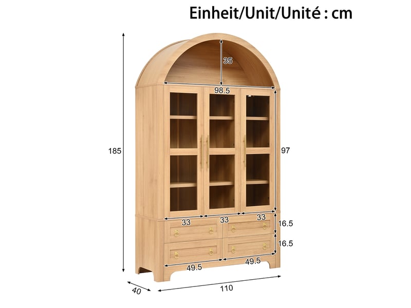  Vitrine style vintage à arche, 110 x 40 x 185 cm, finition imitation chêne clair, 3 portes vitrées et 4 tiroirs de rangement  - Conforama C
