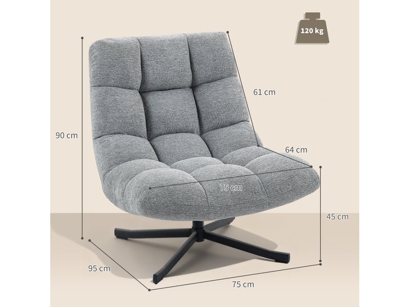  Fauteuil lounge pivotant 360° gris, assise large en polyester aspect chenille, pieds en acier thermolaqué  - Conforama C