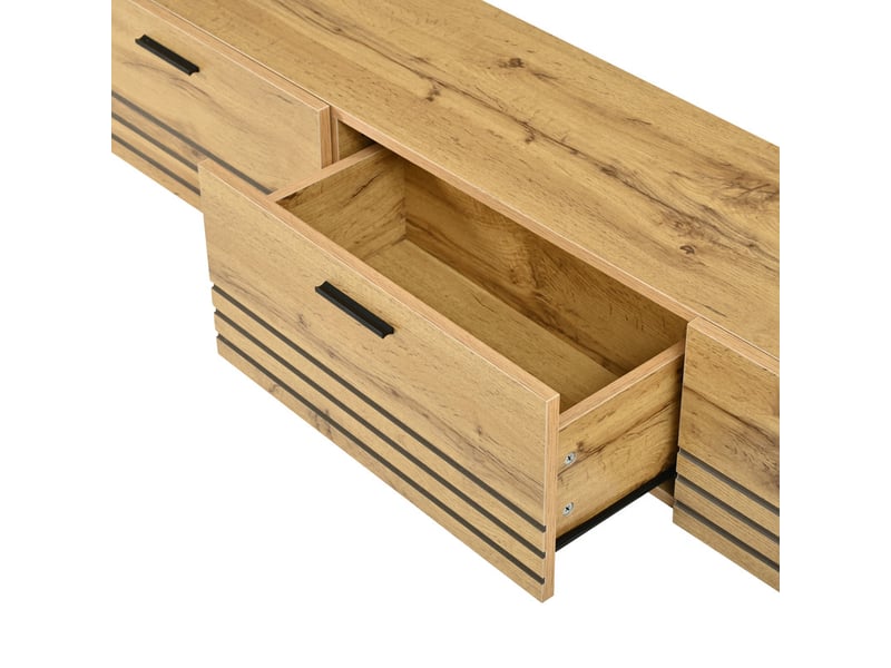  Meuble tv mural suspendu, 160 x 30 x 25,5 cm, avec 3 tiroirs et poignées, mdf et panneaux de particules, finition aspect bois  - Conforama E