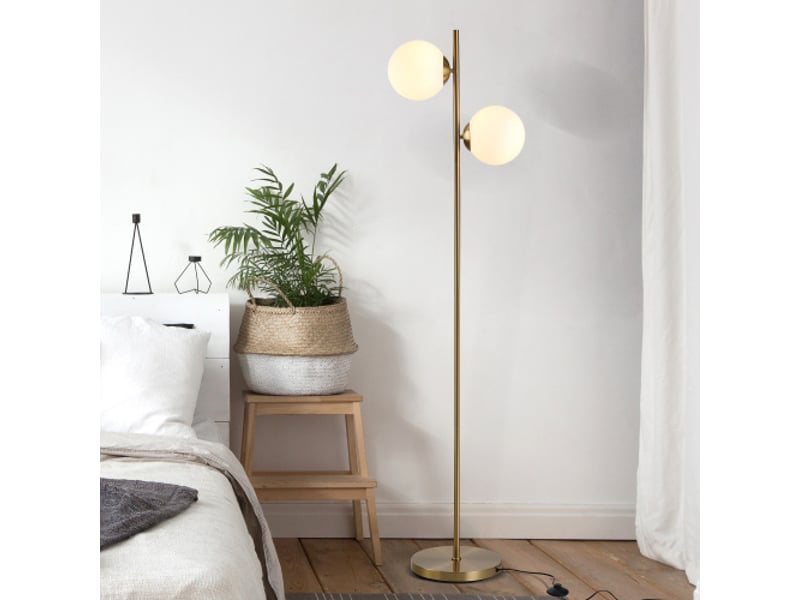  Lampadaire 2 lumières moderne, acier et verre doréblanc, h165 cm, abat-jour en verre, pour salon  - Conforama C