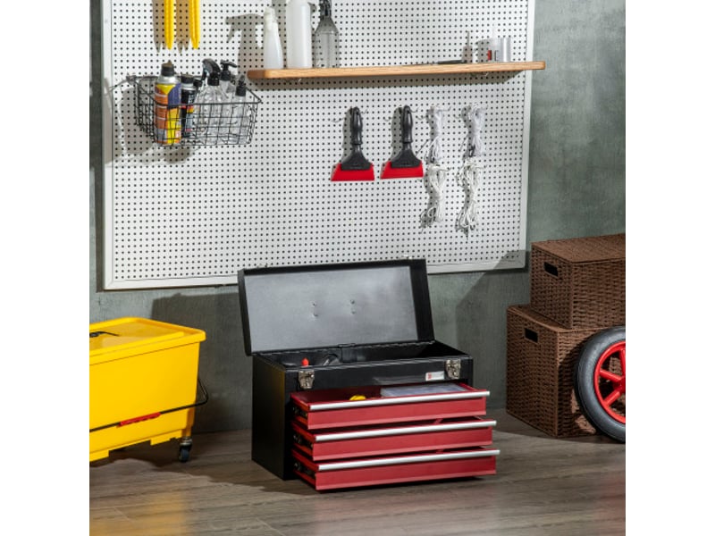  Caisse à outils vide en acier noir et rouge, 3 tiroirs, poignée et serrure, rangement pratique  - Conforama B