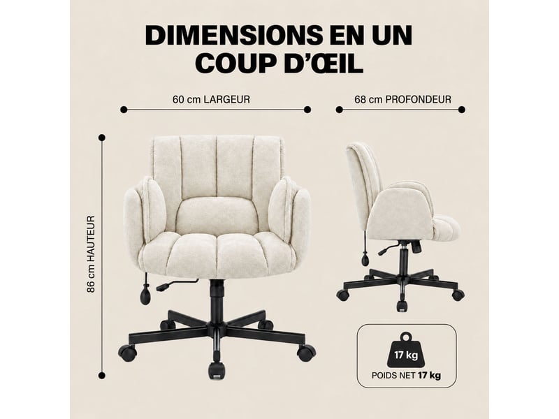  Fauteuil ergonomique tissu accoudoirs rabattables, coussin lombaire gonflable, assise large, pivot 360° 150kg-beige  - Conforama B