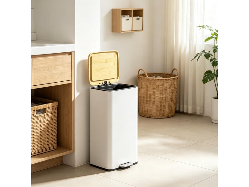  Poubelle de cuisine 20 l blanche à pédale, couvercle bambou soft-close, bac amovible  - Conforama D