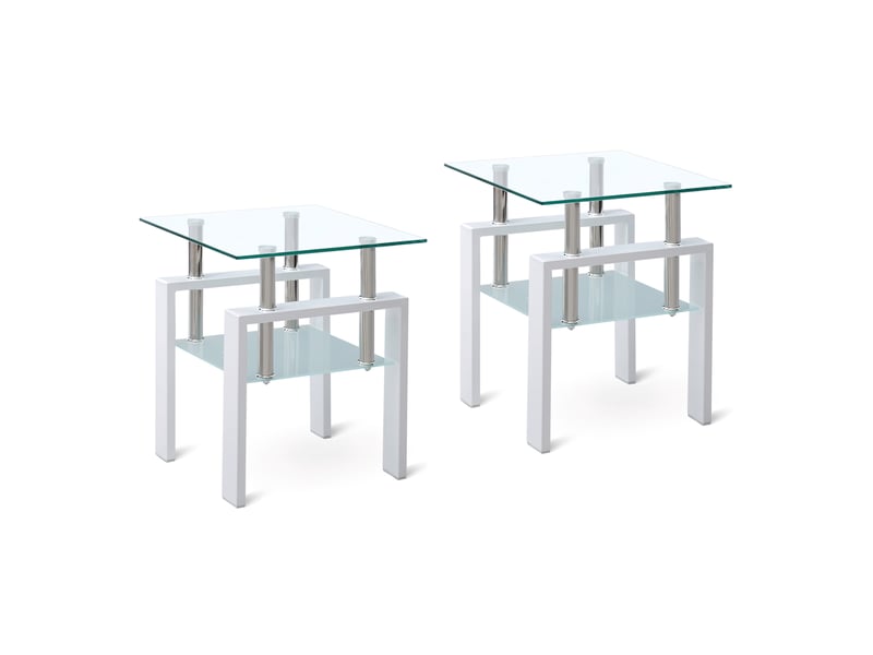  Lot de 2 tables d’appoint en verre trempé transparent, 2 niveaux, structure blanche  - Conforama A