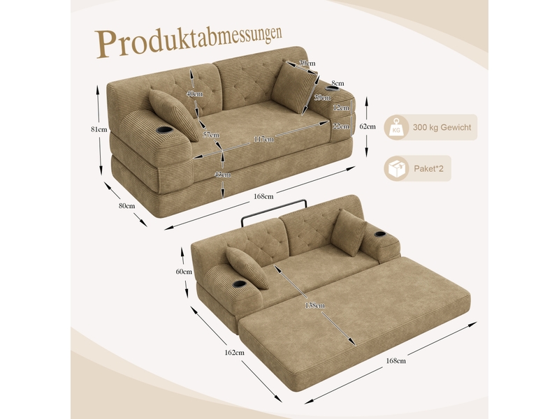 Canapé convertible 2 places 168.00×80.00×81.00 cm en velours côtelé avec 4 poches latérales et 2 porte-gobelets kaki chicfurn - Conforama D