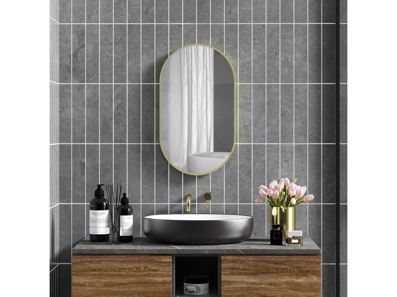  Miroir de salle de bain ovale 40 x 70 cm, miroir mural décoratif avec cadre en aluminium pour salon, installation horizontale ou verticale, doré  - Conforama D