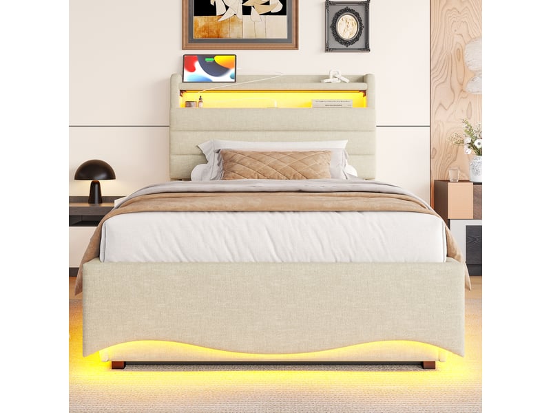  Lit coffre 90x200 cm style minimaliste avec éclairage led pilotable, ports usb et type-c, lin, beige, sans matelas  - Conforama B