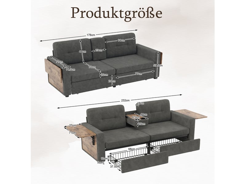Canapé 2 places avec 2 tiroirs 178x71x57,5 cm en chenille gris foncé - Conforama C