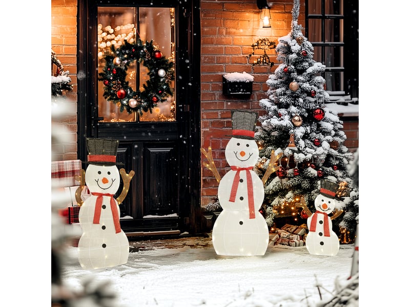  Famille de bonhommes de neige de noël en 3 pièces, décoration extérieure, lumières led, piquets de fixation, étanche, acier, polyester, blanc  - Conforama D