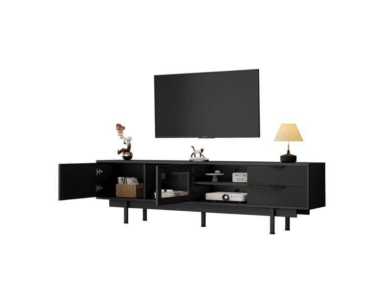  Meuble tv bas noir 200 x 40 x 50,5 cm, 2 portes, 2 tiroirs, pour tv 80 pouces  - Conforama A
