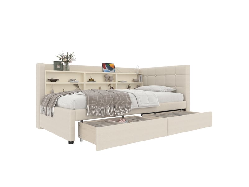  Lit de repos, 90 x 200 cm, avec 2 tiroirs, multiples espaces de rangement, sommier à lattes, revêtement en lin, beige  - Conforama A