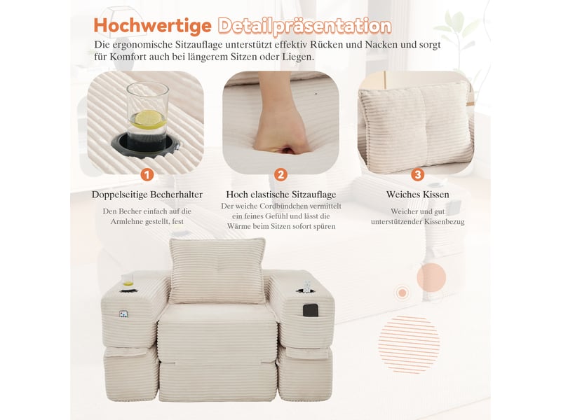  Canapé convertible 2 places en velours côtelé beige avec tiroir intégré et accoudoirs amovibles  - Conforama D