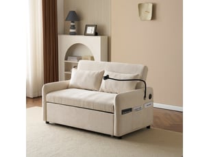 Canapé convertible 129 cm en chenille - 2 places - dossier 3 positions - usb - poches latérales - 2 coussins - beige
