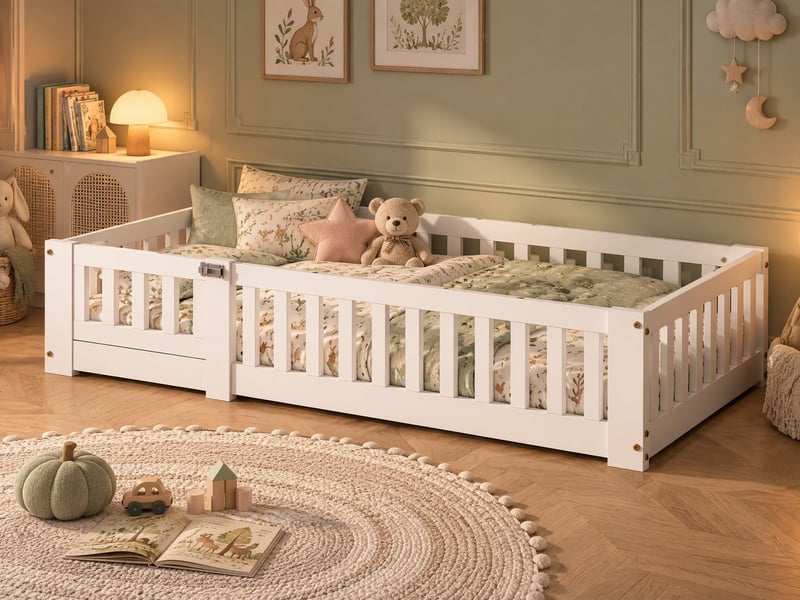 Lit montessori au sol en pin massif pour enfant, lit enfant 90x190 cm avec 30cm garde-corps de sécurité - peinture à base d’eau écologique - sommier à lattes inclus - style scandinave, lit bas pour chambre d’enfant - Conforama B