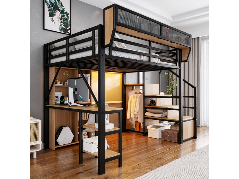 Lit mezzanine 140x200 cm – avec escalier de rangement – ​​avec bureau – avec éclairage led – avec prise électrique – noir (matelas non inclus)  - Conforama E
