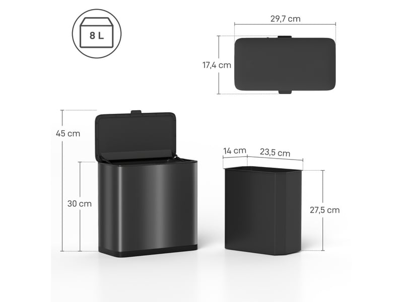  Poubelle de cuisine 8 l en acier inoxydable noire avec couvercle  - Conforama C