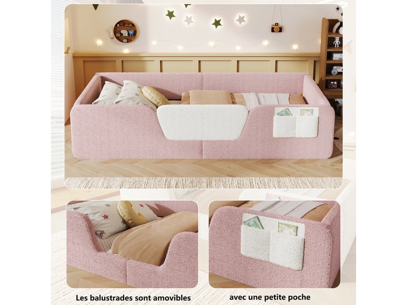  Lit enfant rembourré 90x190 cm en velours avec barrières de sécurité amovibles, poche de rangement intégrée et sans matelas - rose  - Conforama D