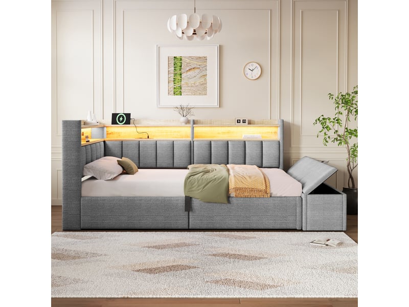 Canapé-lit coffre 90 x 200 cm - avec prise électrique - avec port usb + bande lumineuse led - gris (matelas non inclus) - Conforama D