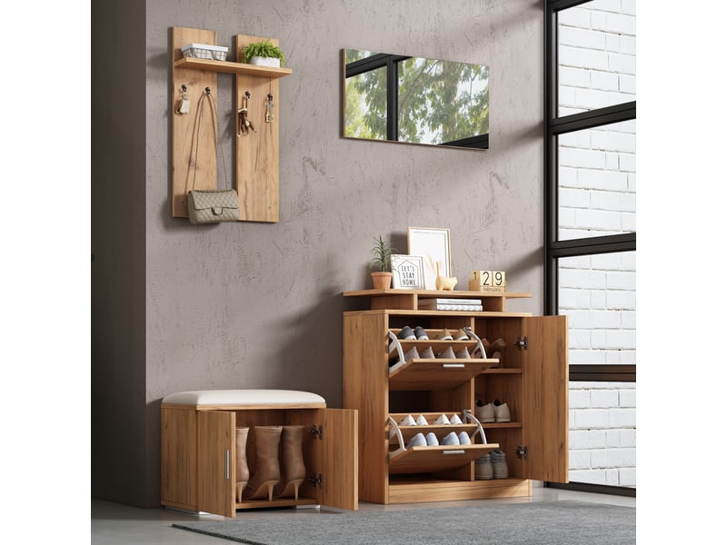 Vestiaire naturel 140×35×133 cm en panneau de particules, banc de rangement, banc à chaussures, miroir intégré - Conforama E