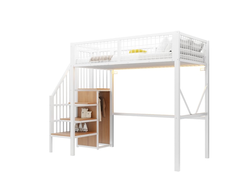 Lit mezzanine enfant 90x200 cm avec led, échelle et rangement, métal blanc, sans matelas - Conforama A