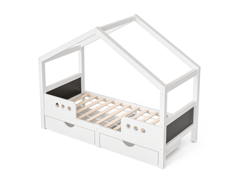  Lit enfant 90x200 cm blanc en bois et mdf, toit avec 2 tiroirs, tableau et sommier à lattes intégré  - Conforama D