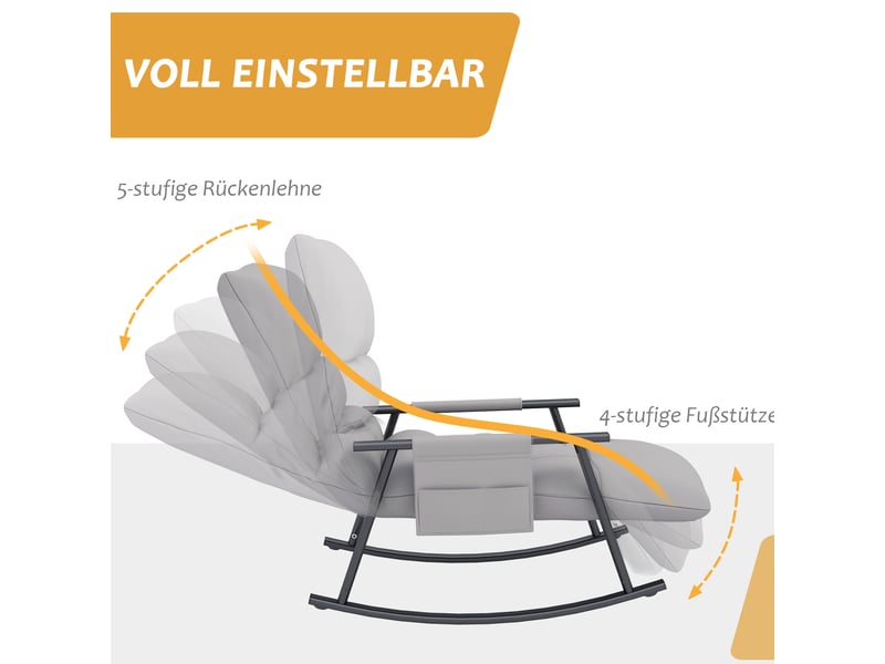  Fauteuil à bascule relax avec repose-pied, dossier réglable et poche latérale, en polyester gris  - Conforama E