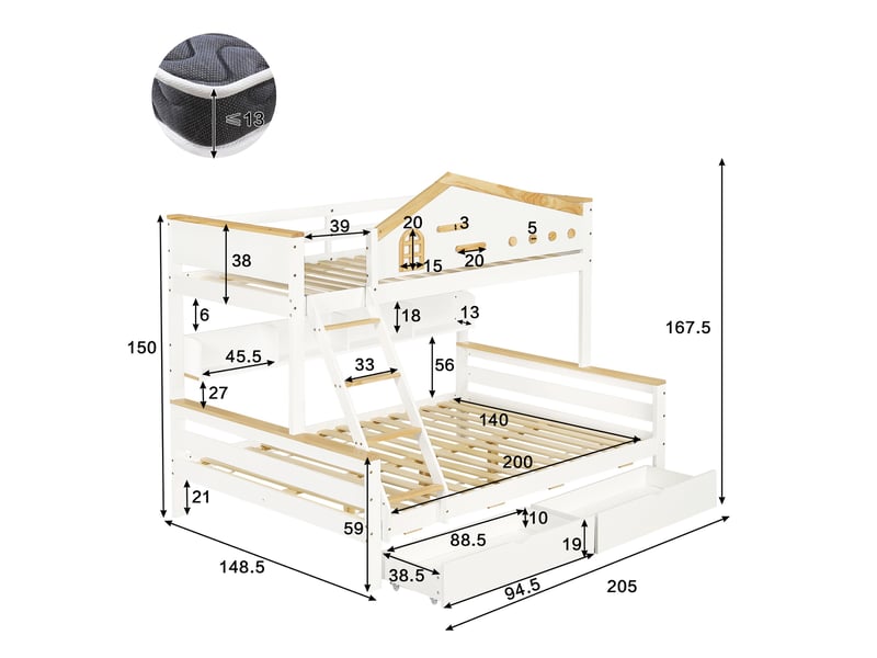  Lit superposé 90x200cm et 140x200cm, lit enfant avec étagère de rangement et 2 tiroirs, en bois de pin massif et mdf, échelle inclinée, blanc  - Conforama E