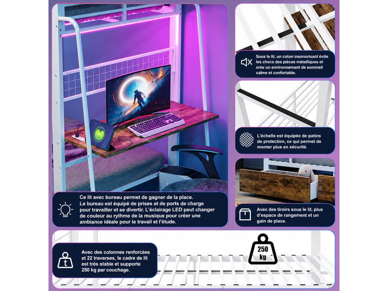  Lit superposé métal 2 x 90 x 200 cm avec bureau, led rgb, prise eu, usb et type-c, 2 tiroirs, garde-corps, blanc  - Conforama E