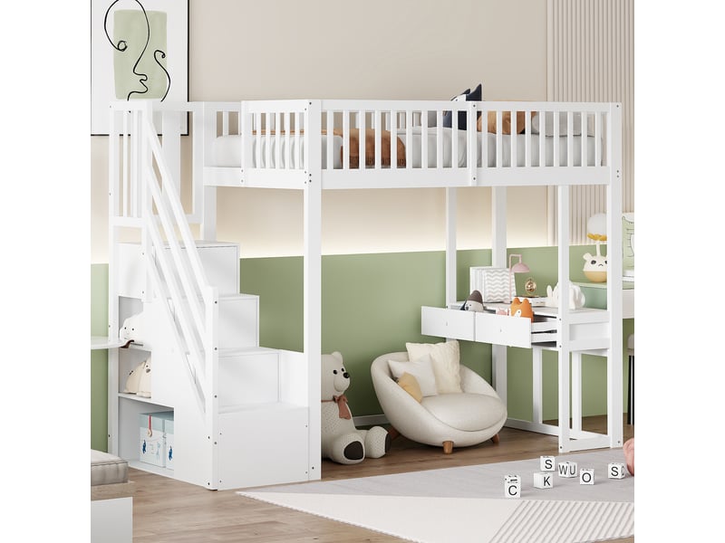  Lit mezzanine 90x200 cm blanc pour enfant avec table multifonction, échelle de rangement et bois de pin  - Conforama C