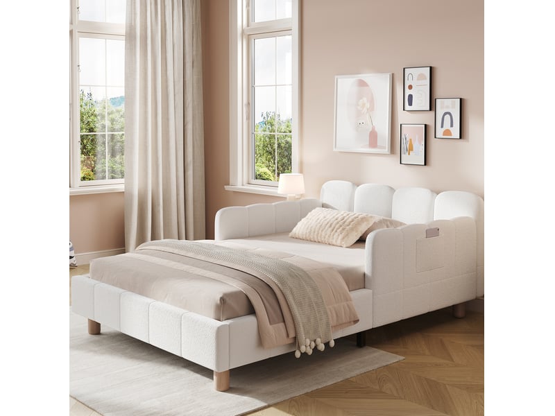  Lit enfant 90 x 200 cm beige en tissu bouclé, avec tête rembourrée, protections latérales et sommier inclus  - Conforama B