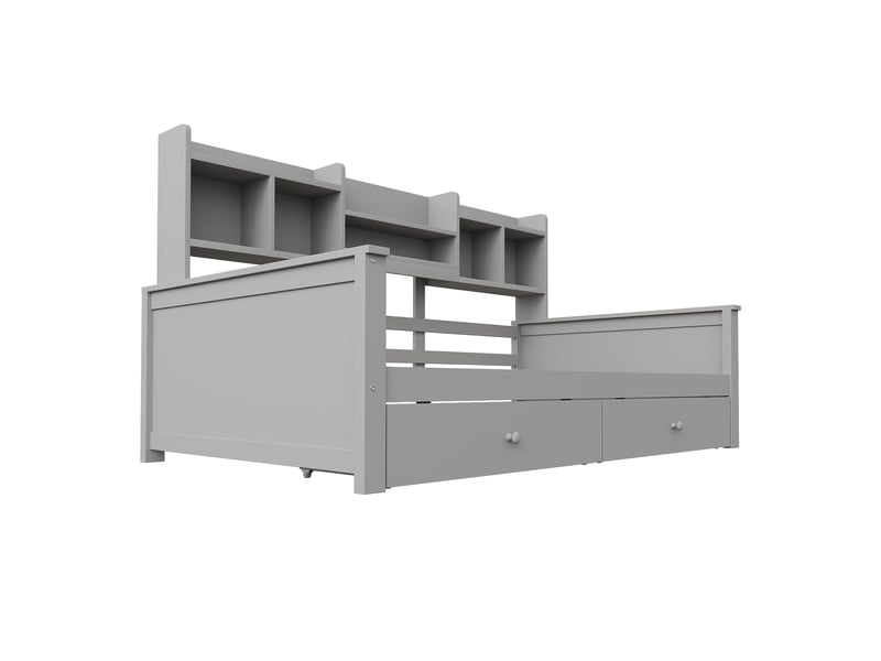  Canapé-lit 90x200 et lit enfant avec tiroirs et étagères, lit simple en bois massif gris, sommier à lattes inclus pour chambre.  - Conforama E