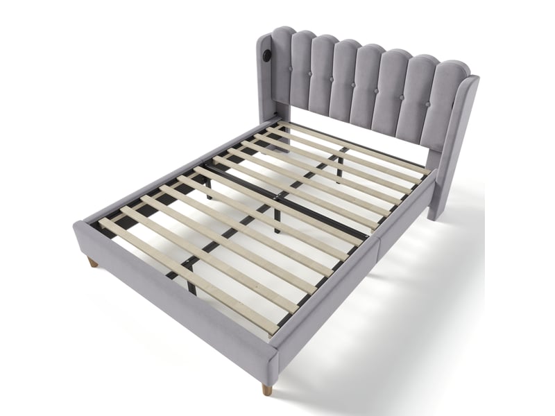 Lit adulte 160x200 cm avec sommier, tête de lit rembourrée en tissu gris et ports usb-c intégrés - Conforama D