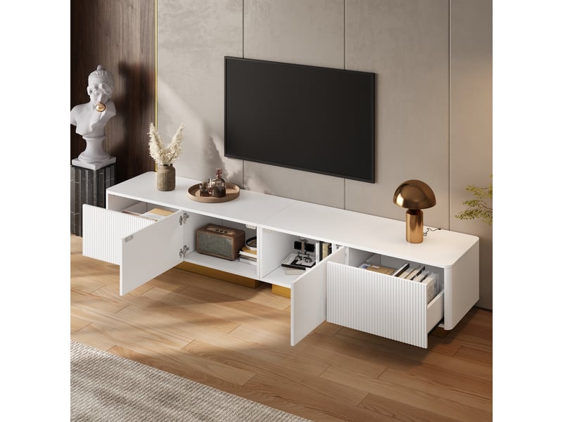  Meuble tv avec tiroirs, portes et passe-câbles, façade rainurée moderne pour salon, en mdf, blanc, 200×40×35 cm  - Conforama C