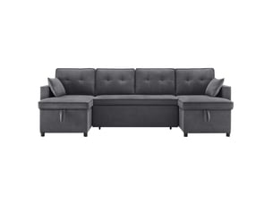 Canapé d'angle convertible u 4 places en tissu gris avec rangement et porte-gobelets, idéal pour le salon