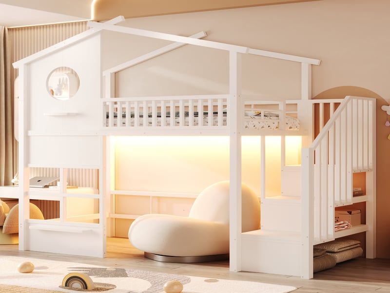  Lit mezzanine en fer 90x200 cm, led, design élégant, escalier avec rangements, garde-corps haut, adoenfant, blanc  - Conforama B
